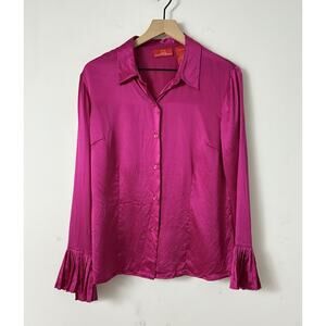 Oscar de la Renta Fuchsia 100% Silk Button Front Blouse Pleated Cuffs Sz 12